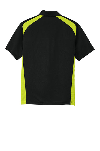 Print-View CornerStone® Select snag-proof two-way colorblock pocket polo in black and shock green, showing front view with pocket detail.