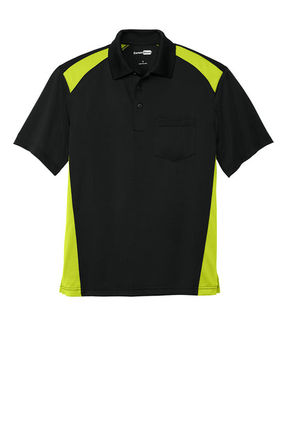 Print-View CornerStone Select snag-proof two-way colorblock pocket polo in black, shock green with a flat front design.