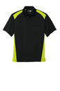 Print-View CornerStone Select snag-proof two-way colorblock pocket polo in black, shock green with a flat front design.