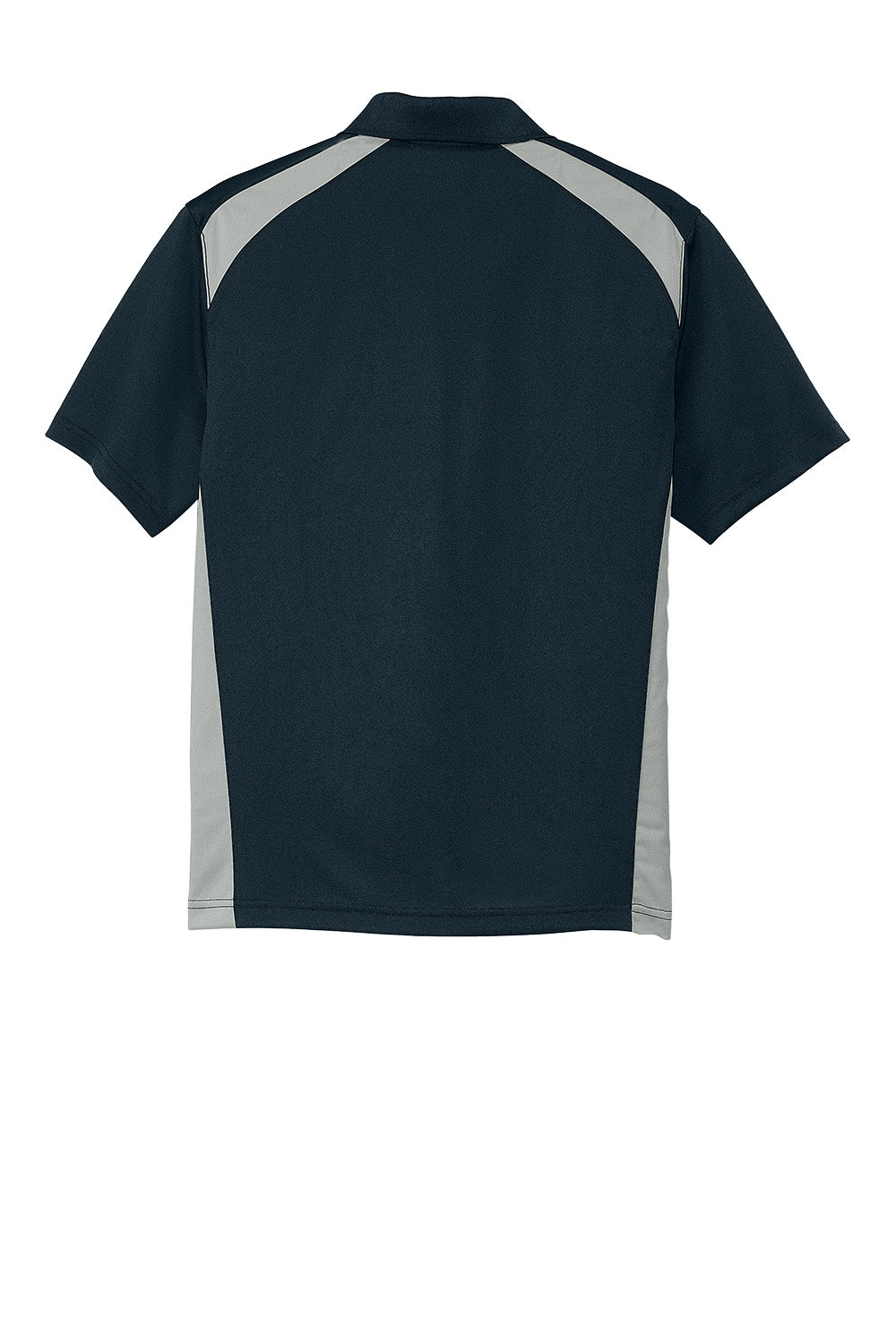 Dark navy and light grey colorblock CornerStone Select snag-proof two-way pocket polo by Print-View, flat back view.