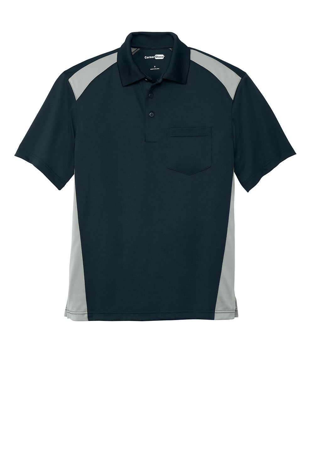Dark navy and light grey CornerStone Select snag-proof two-way colorblock pocket polo by Print-View, flat front design.