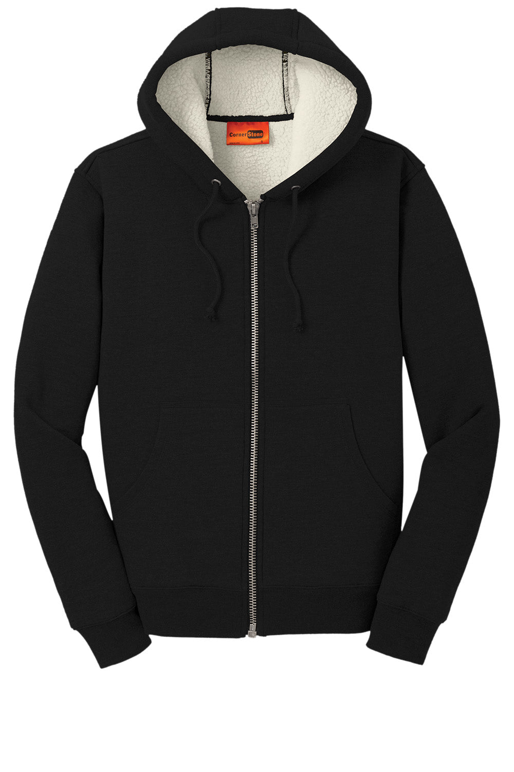 Black CornerStone® heavyweight sherpa-lined hooded fleece jacket by Print-View, flat front view showing cozy fleece material and hood.