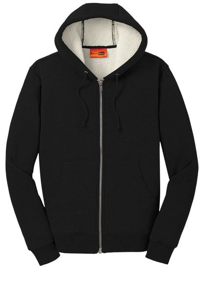 Black CornerStone® heavyweight sherpa-lined hooded fleece jacket by Print-View, flat front view showing cozy fleece material and hood.