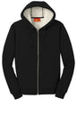 Black CornerStone® heavyweight sherpa-lined hooded fleece jacket by Print-View, flat front view showing cozy fleece material and hood.