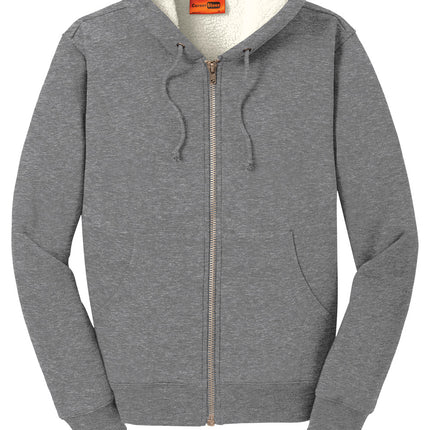 CornerStone Heavyweight Sherpa-Lined Hooded Fleece Jacket front view in Gray— rugged sherpa lining, DWR finish, customizable by Print-View.