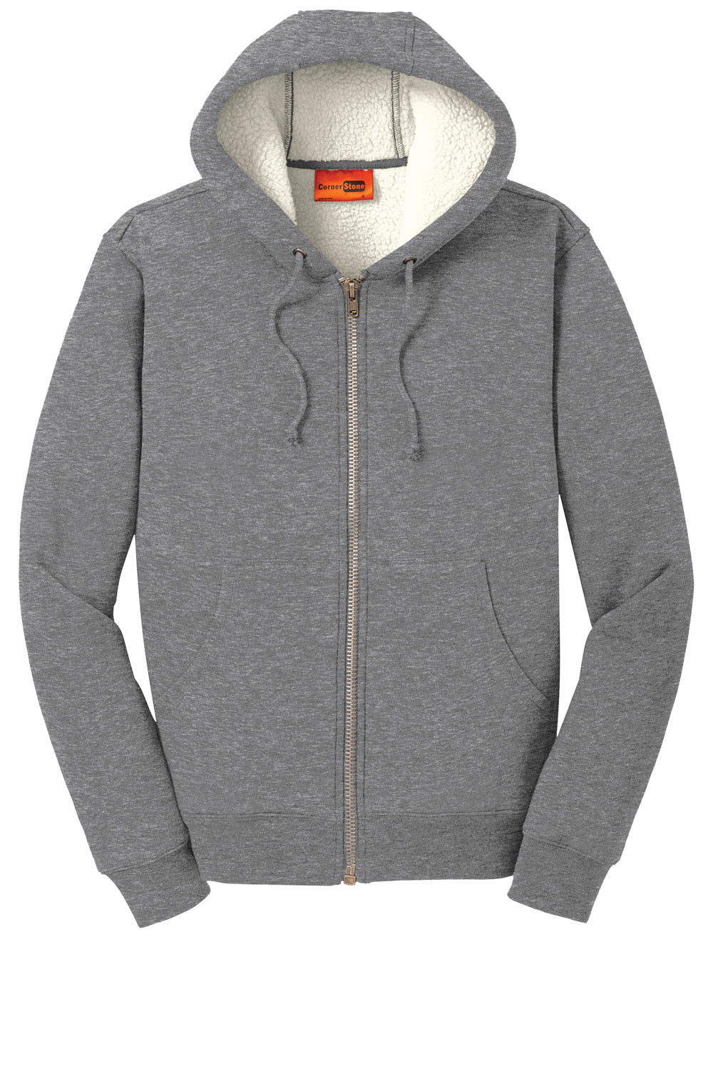 Gray CornerStone® heavyweight sherpa-lined hooded fleece jacket by Print-View, shown flat front view with cozy fleece interior.