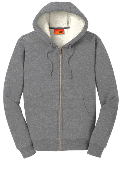 Gray CornerStone® heavyweight sherpa-lined hooded fleece jacket by Print-View, shown flat front view with cozy fleece interior.