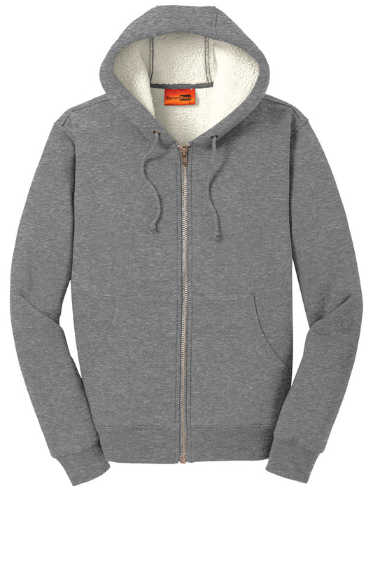 Gray CornerStone® heavyweight sherpa-lined hooded fleece jacket by Print-View, shown flat front view with cozy fleece interior.