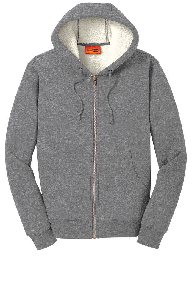 CornerStone Heavyweight Sherpa-Lined Hooded Fleece Jacket front view in Gray— rugged sherpa lining, DWR finish, customizable by Print-View.