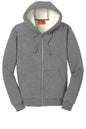 Gray CornerStone® heavyweight sherpa-lined hooded fleece jacket by Print-View, shown flat front view with cozy fleece interior.