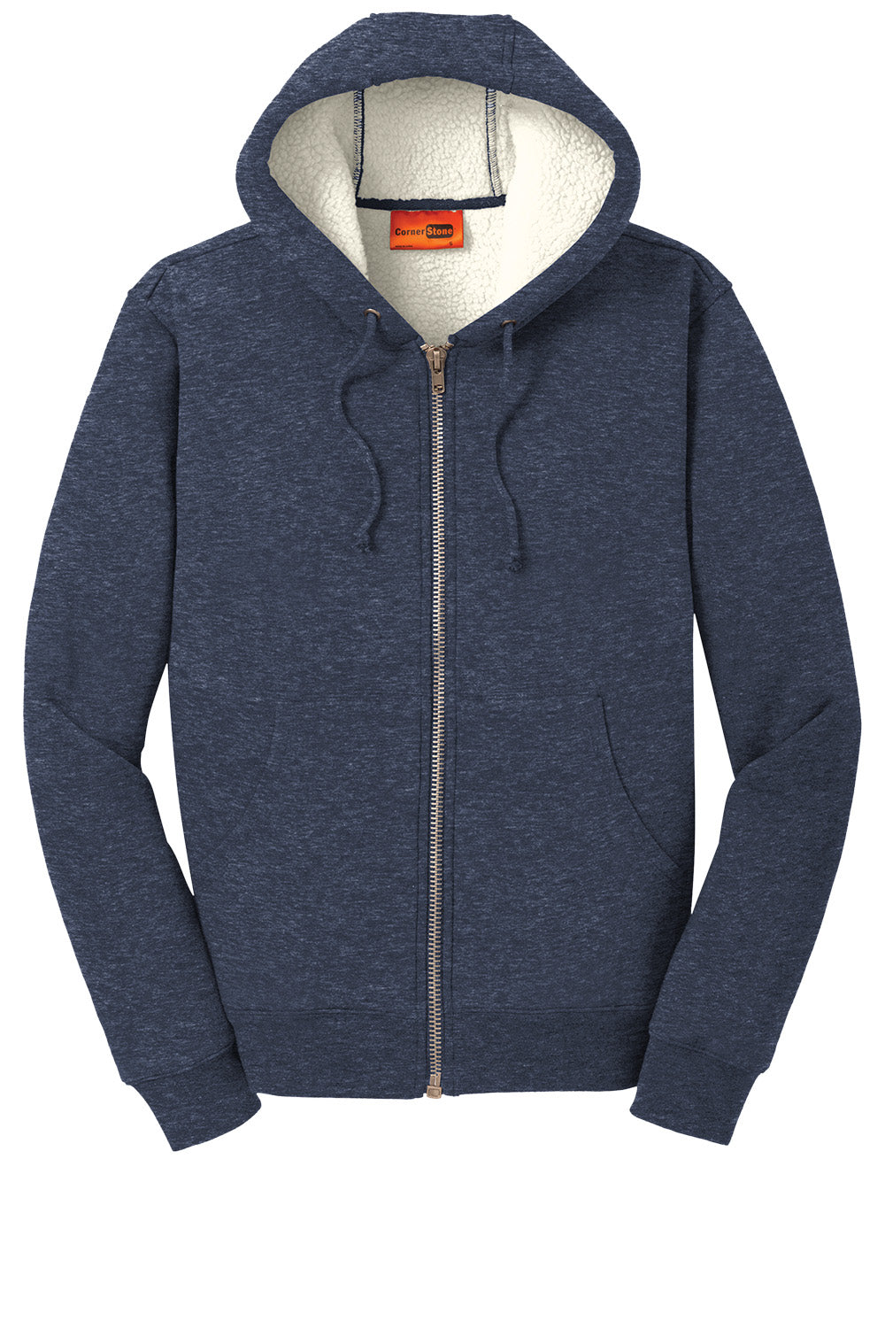 Navy CornerStone® heavyweight sherpa-lined hooded fleece jacket by Print-View, shown flat front view.