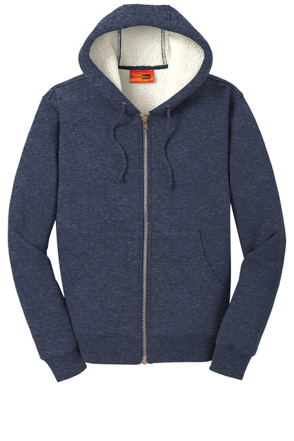 Navy CornerStone® heavyweight sherpa-lined hooded fleece jacket by Print-View, shown flat front view.