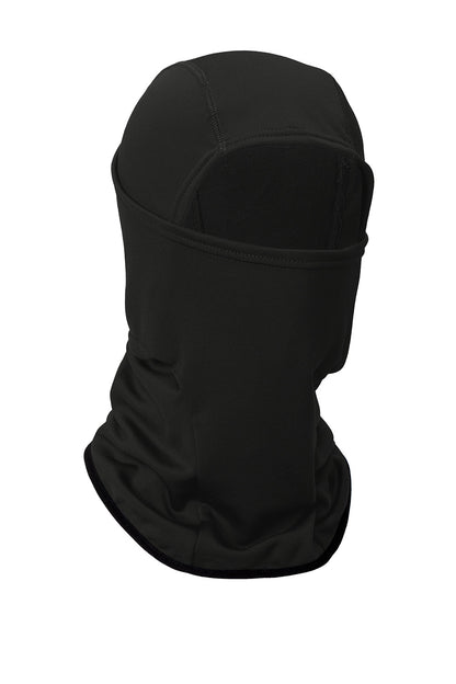 Black CornerStone® Smooth Fleece Face Mask balaclava worn on a person's head, showing the snug fit and soft fleece material.