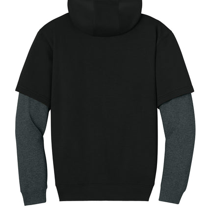 CornerStone Tough Fleece Layered Hoodie front view — black body with contrasting undersleeves, Print-View customizable.