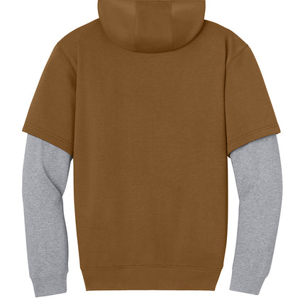 CornerStone Tough Fleece Layered Hoodie back view — brown colorblocked layered look with reinforced stitching and concealed phone pocket.