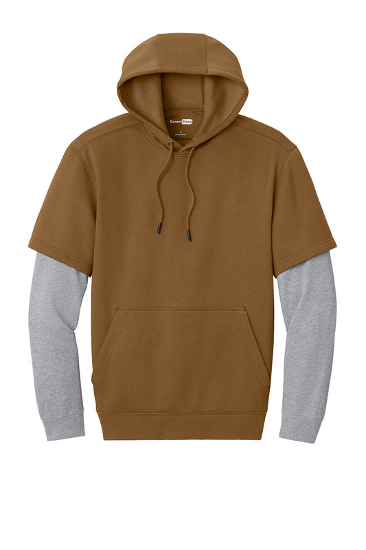 CornerStone Tough Fleece layered hoodie in duck brown and heather grey, featuring a front view with a relaxed fit and soft fleece material.