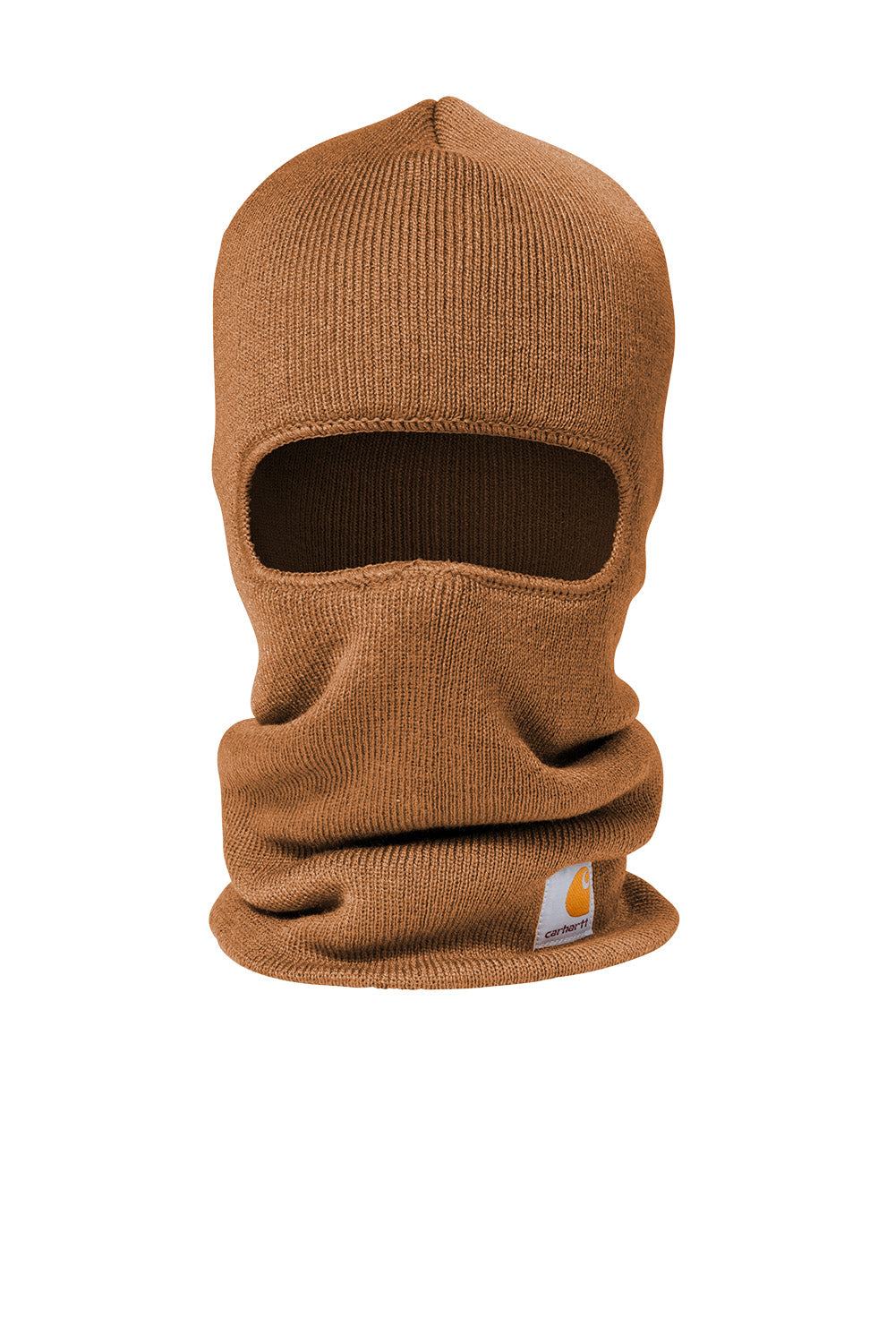 Carhartt® Knit Insulated Face Mask in brown, showing a close-up of the warm, insulated knit fabric and snug fit design.