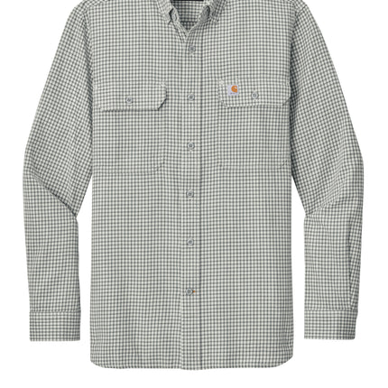 Carhartt Rugged Flex Plaid Long-Sleeve Shirt front view, steel malt plaid, relaxed work fit, customizable embroidery option — Print-View