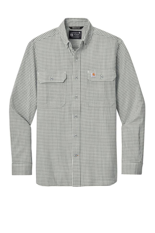 Carhartt Rugged Flex Plaid Long-Sleeve Shirt front view, steel malt plaid, relaxed work fit, customizable embroidery option — Print-View