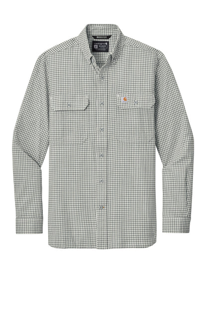 Carhartt® Rugged Flex® plaid long sleeve shirt in steel malt color, featuring a button-up front and classic checkered pattern.