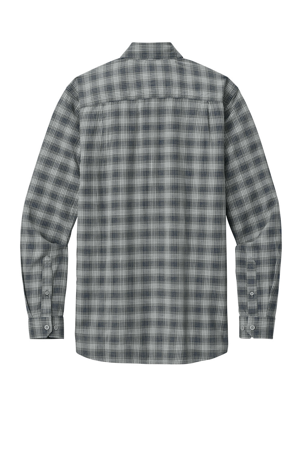 Print-View Carhartt Rugged Flex plaid long sleeve shirt in steel navy with a classic checkered pattern, shown flat from the back.