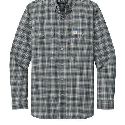 Carhartt Rugged Flex Plaid Long-Sleeve Shirt front view, black plaid, chest pockets and rugged flex stretch, add custom initials — Print-View