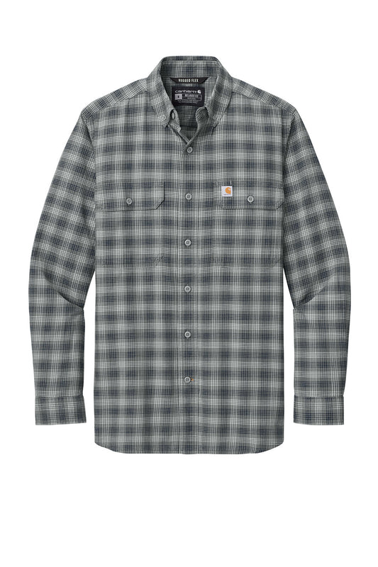 Print-View Carhartt Rugged Flex plaid long sleeve shirt in steel navy with a flat front, casual outdoor style.