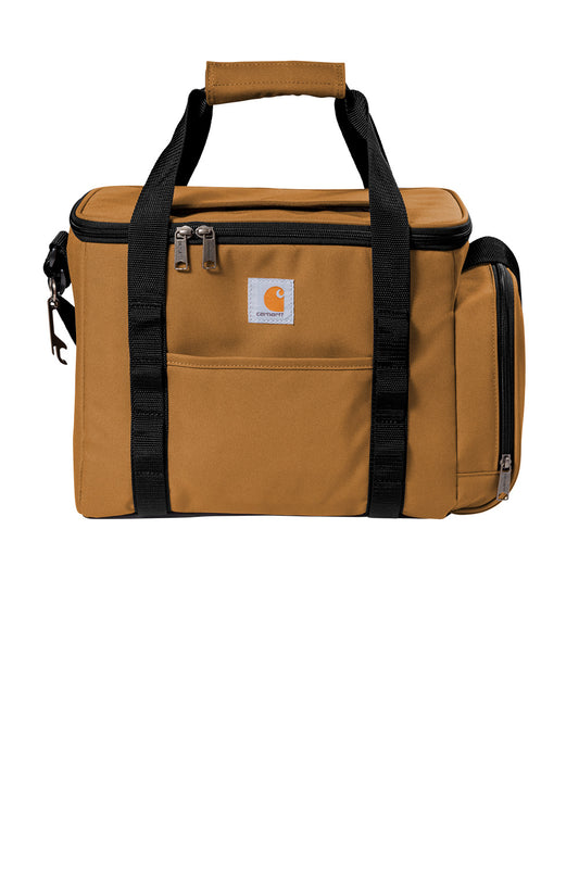 Carhartt® Duffel 36-Can Cooler bag in brown, with a flat front view, designed for carrying beverages and accessories.