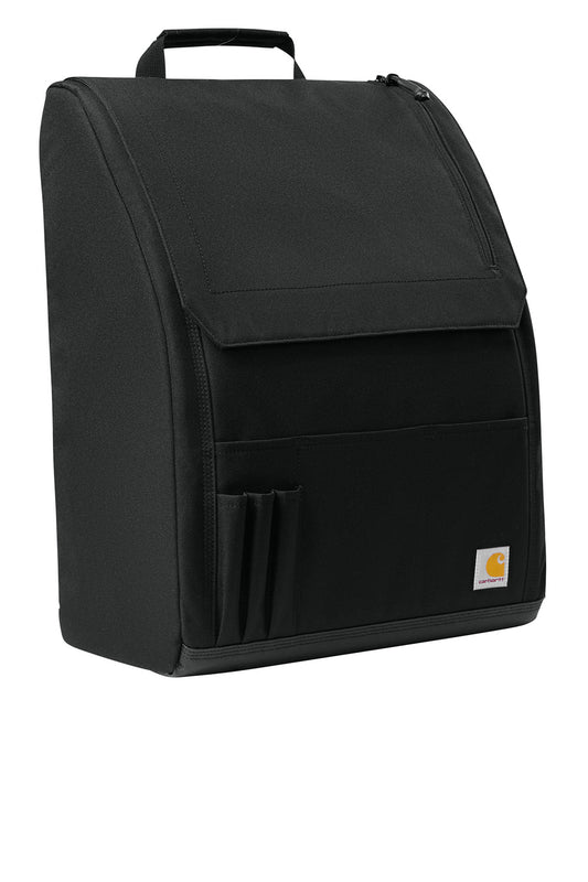 Black Carhartt® Universal Seat Organizer attached to vehicle seat, designed for easy access and storage in car interiors.