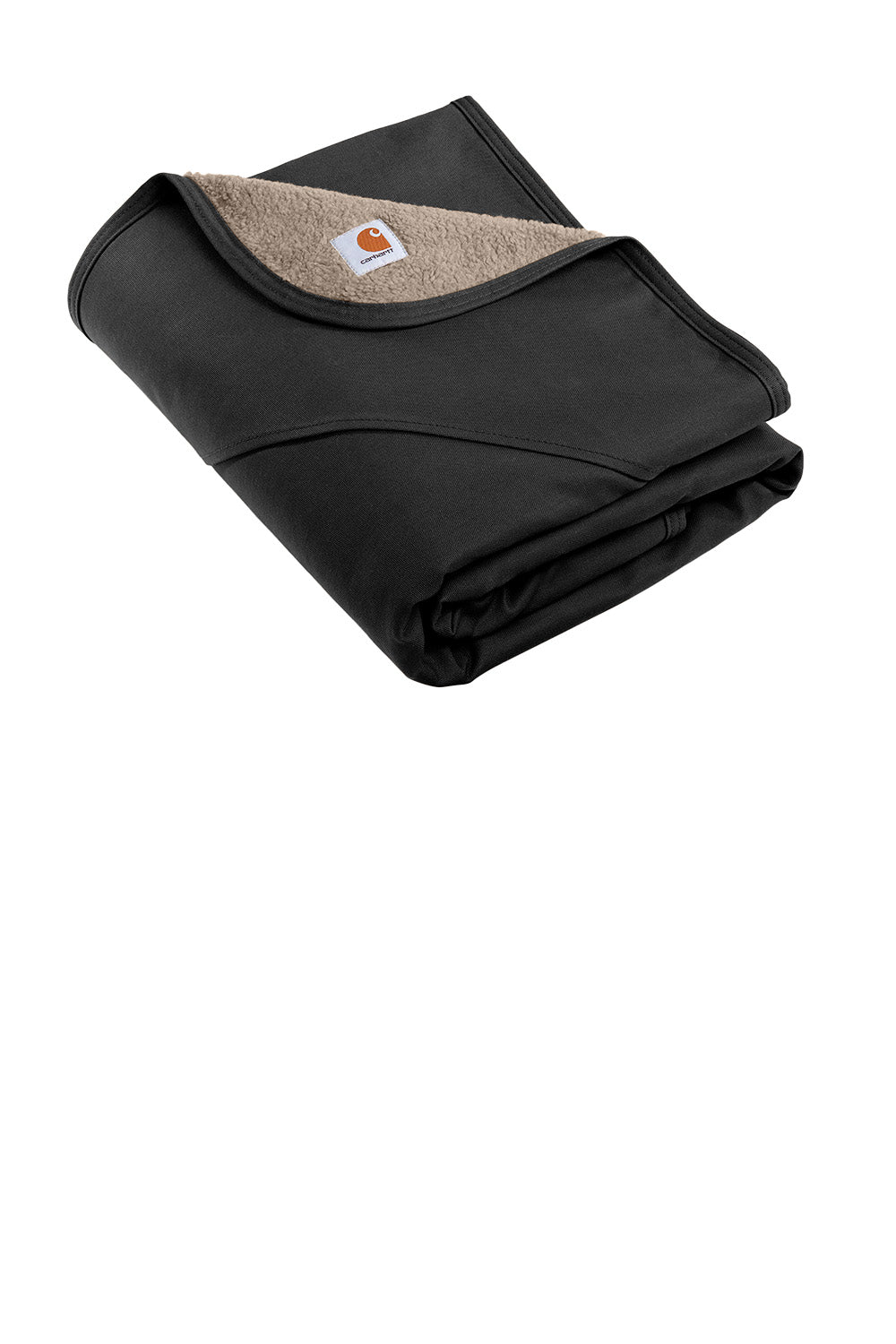 Black Carhartt® Firm Duck Sherpa-Lined Blanket spread out, showing its soft sherpa lining and durable duck fabric exterior.
