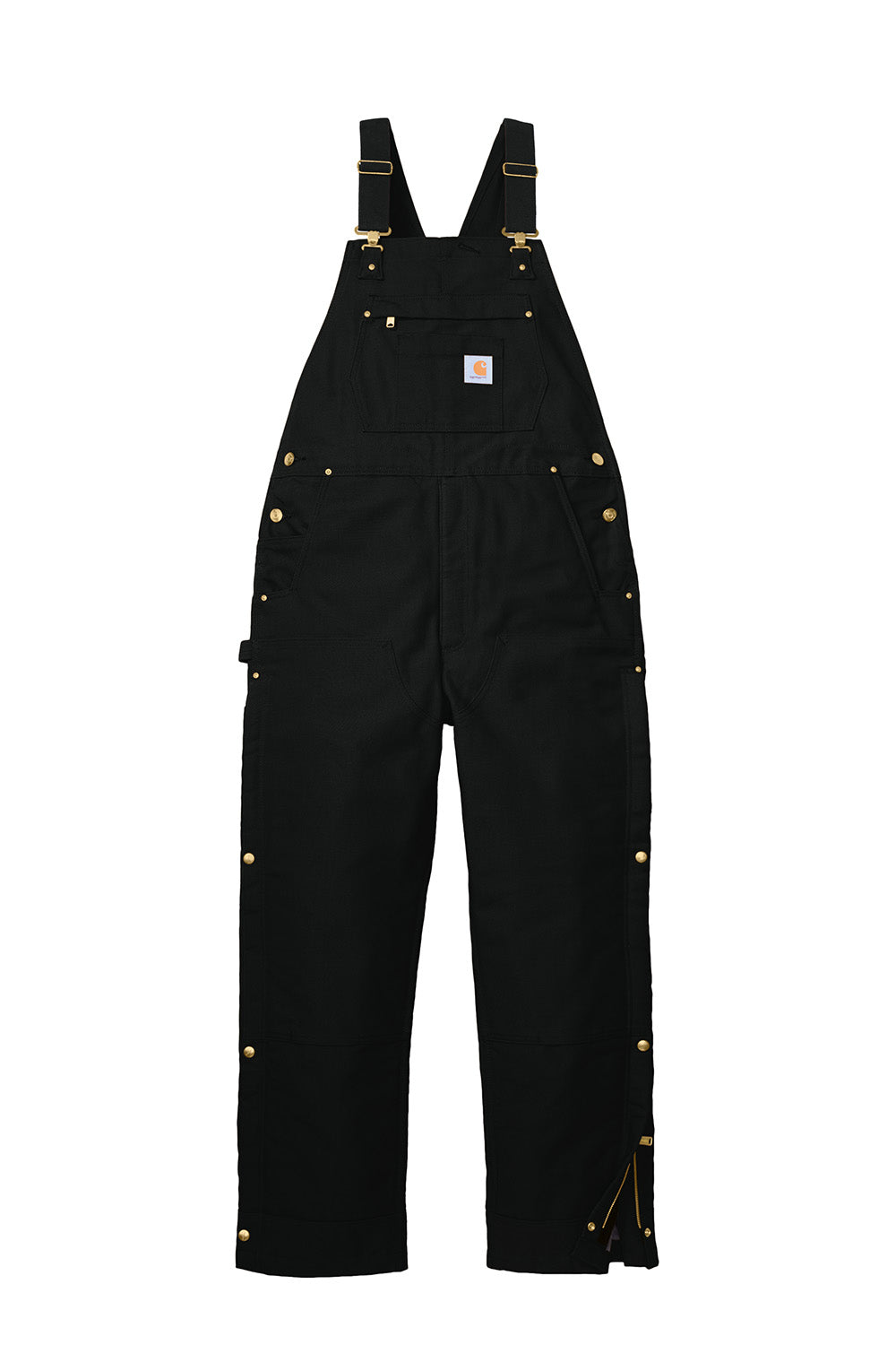 Black Carhartt® short duck insulated bib overalls with front pockets, durable canvas fabric, and adjustable straps.