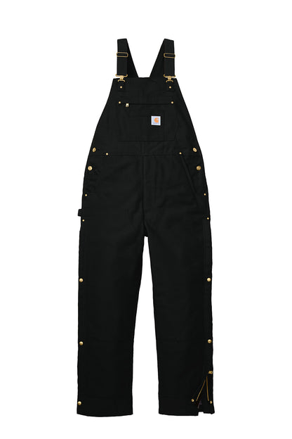 Black Carhartt® short duck insulated bib overalls with front pockets, durable canvas fabric, and adjustable straps.