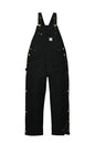 Black Carhartt® short duck insulated bib overalls with front pockets, durable canvas fabric, and adjustable straps.
