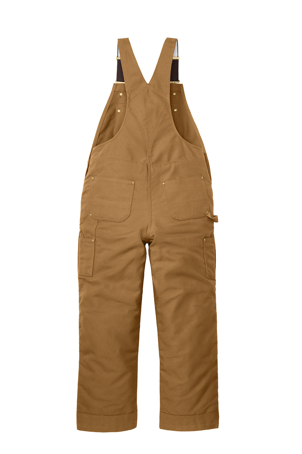 Brown Carhartt® Short Firm Duck Insulated Bib Overalls with adjustable straps and multiple pockets, designed for durable workwear.