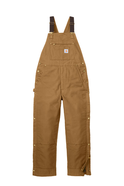 Carhartt® brown insulated duck bib overalls with front pockets, durable workwear for cold weather.