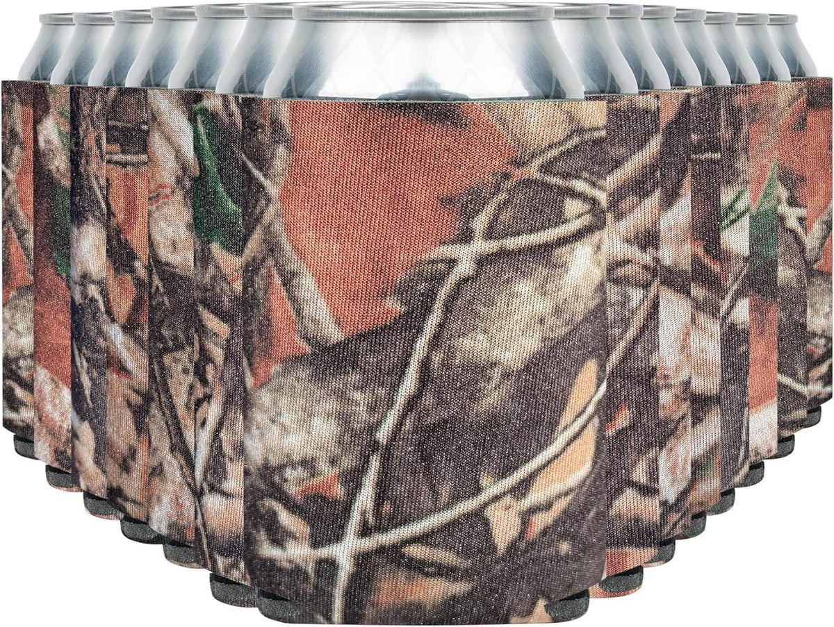 Print View soft insulated can cooler koozie with natural camo print, designed to keep drinks cold and fit standard cans.