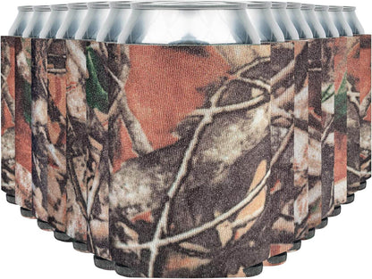 Print View soft insulated can cooler koozie with natural camo print, designed to keep drinks cold and fit standard cans.