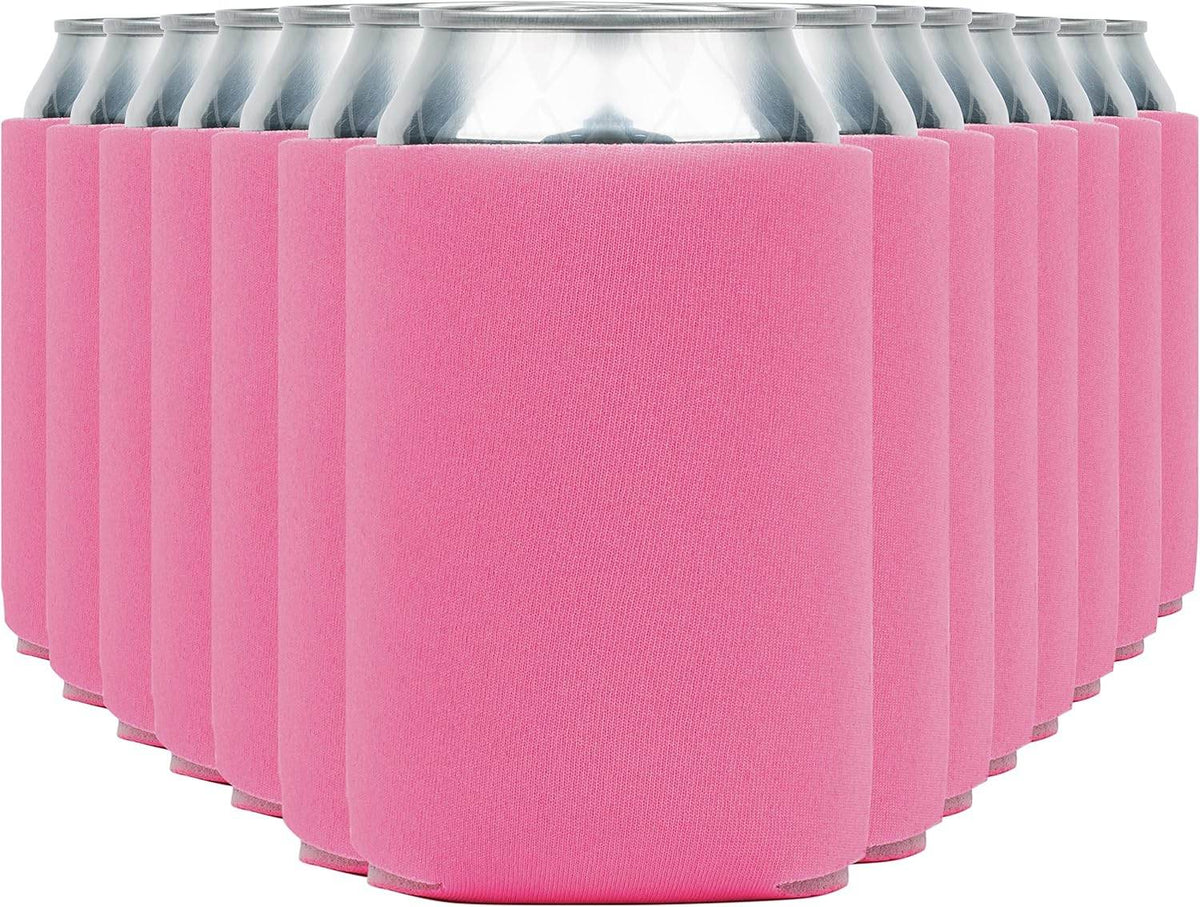Pink insulated can cooler koozie by Print View, showing a soft, printed design for keeping drinks cold and hands dry.