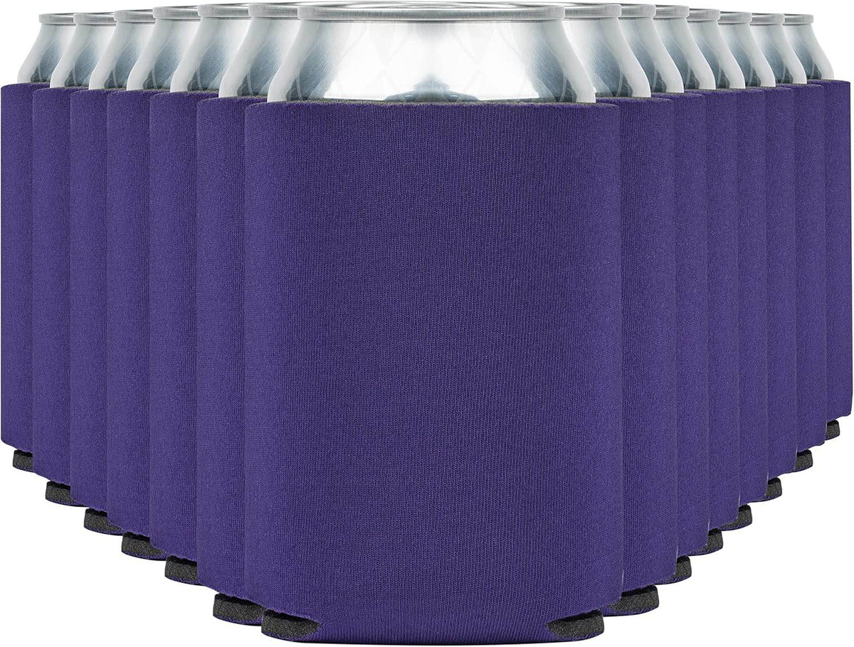 Purple Print View insulated can cooler Koozie with colorful printed design, perfect for keeping drinks cold.