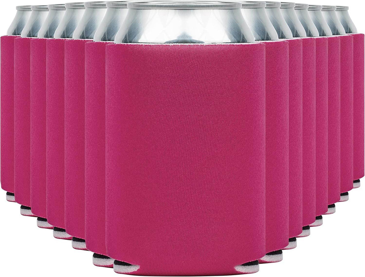 Pink insulated can cooler koozie from Print View with raspberry print design, perfect for keeping drinks cold.