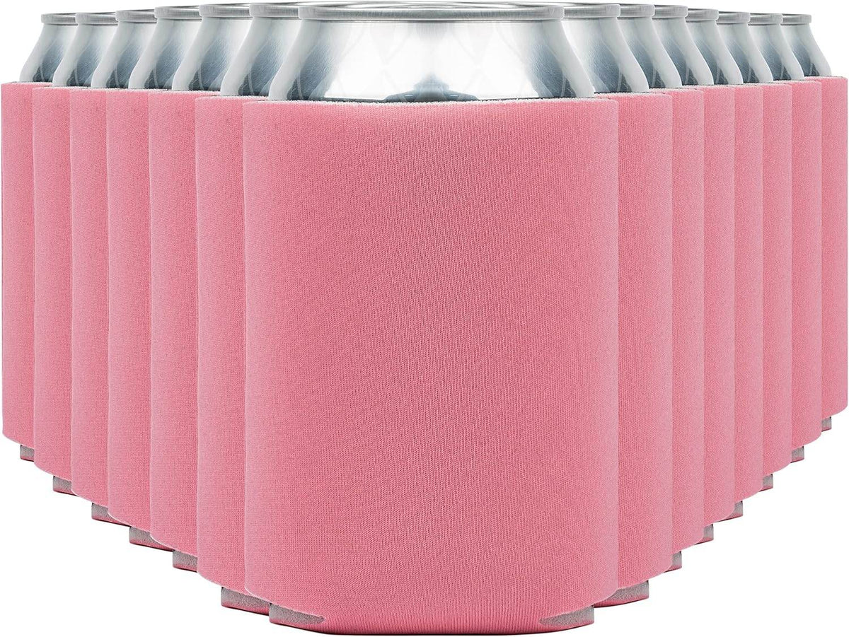 Salmon-colored Print View insulated can cooler koozie with printed design, perfect for keeping drinks cold.