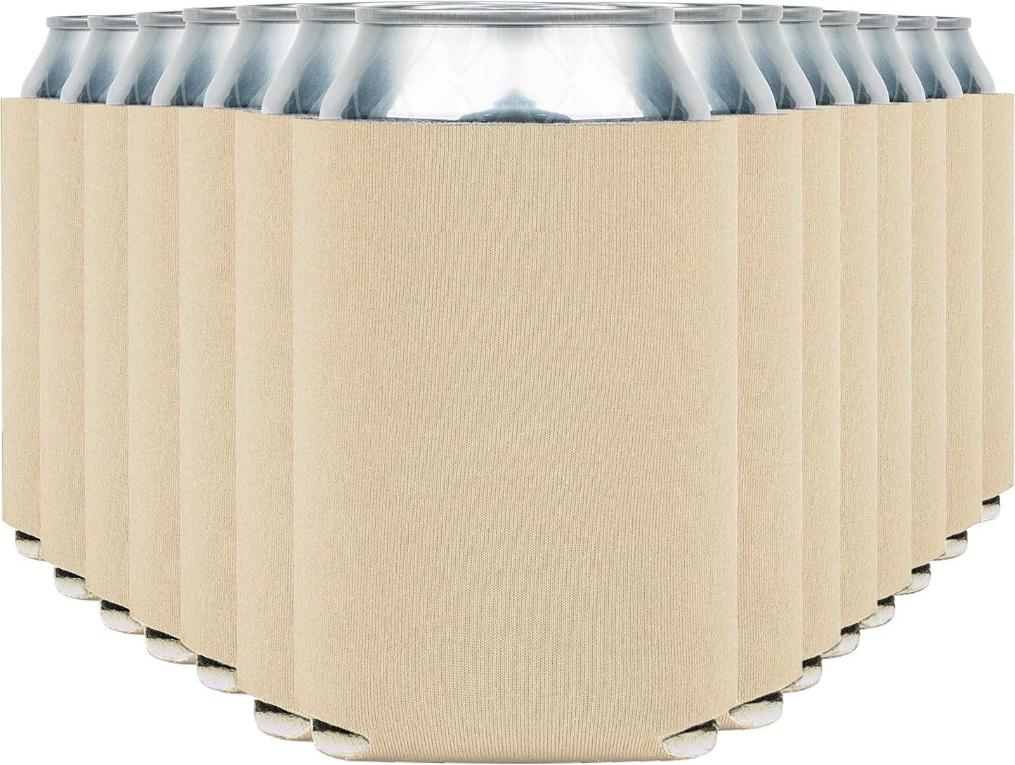 Sand-colored Print View can cooler koozie with insulated design, perfect for keeping drinks cold.