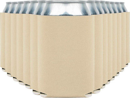 Sand-colored Print View can cooler koozie with insulated design, perfect for keeping drinks cold.