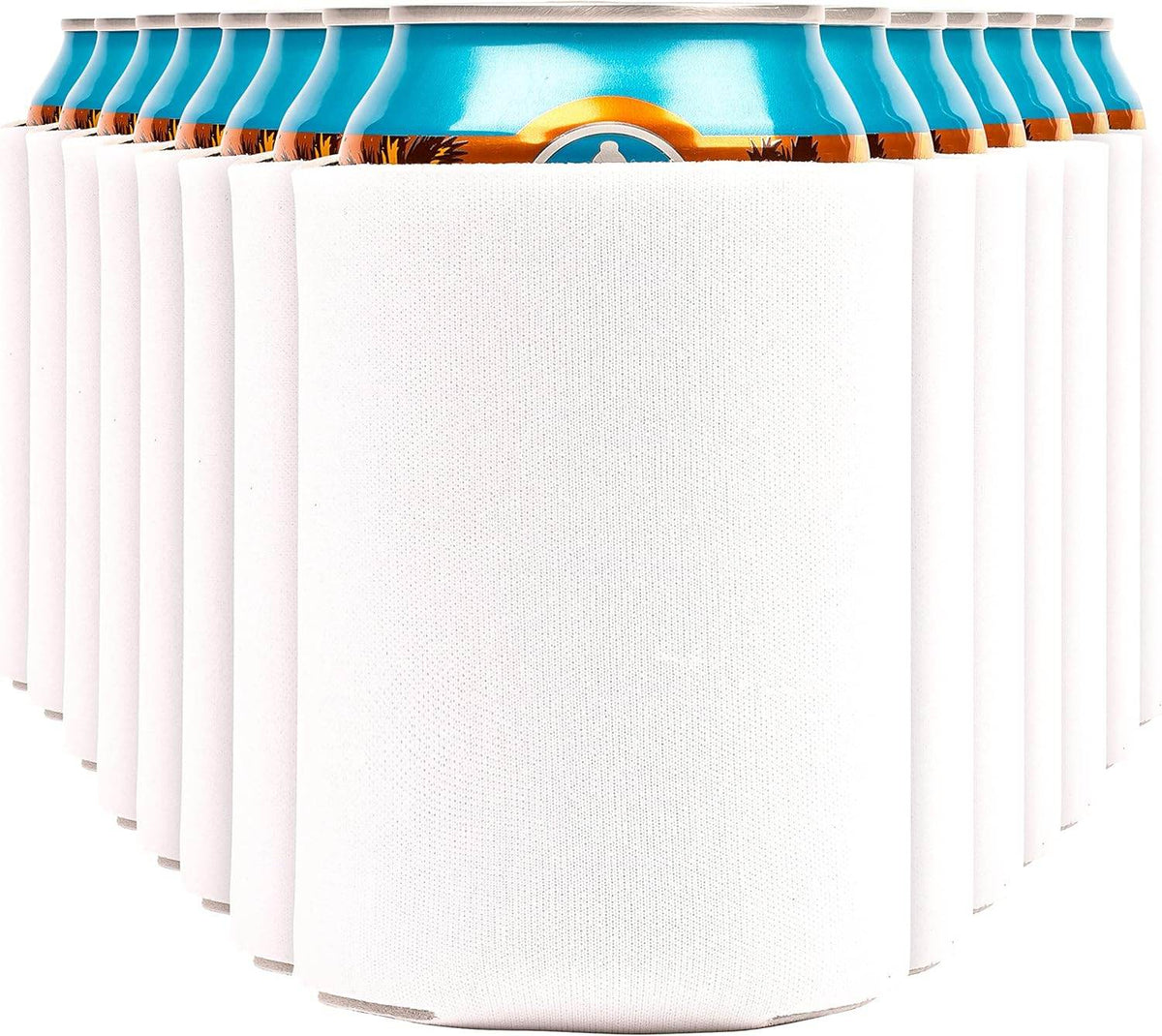 White Print View insulated can cooler koozie with printed design, perfect for keeping drinks cold and customizable.