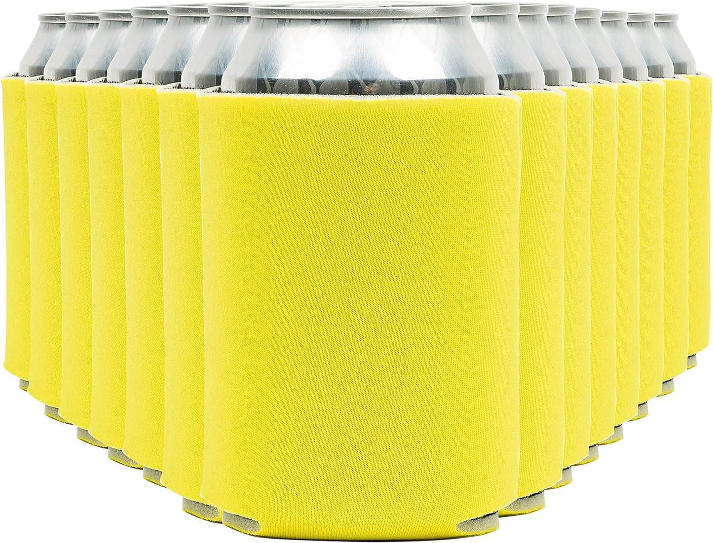 Yellow Print View insulated can cooler koozie with printed design, perfect for keeping drinks cold and customizable.