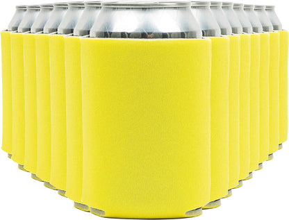 Yellow Print View insulated can cooler koozie with printed design, perfect for keeping drinks cold and customizable.