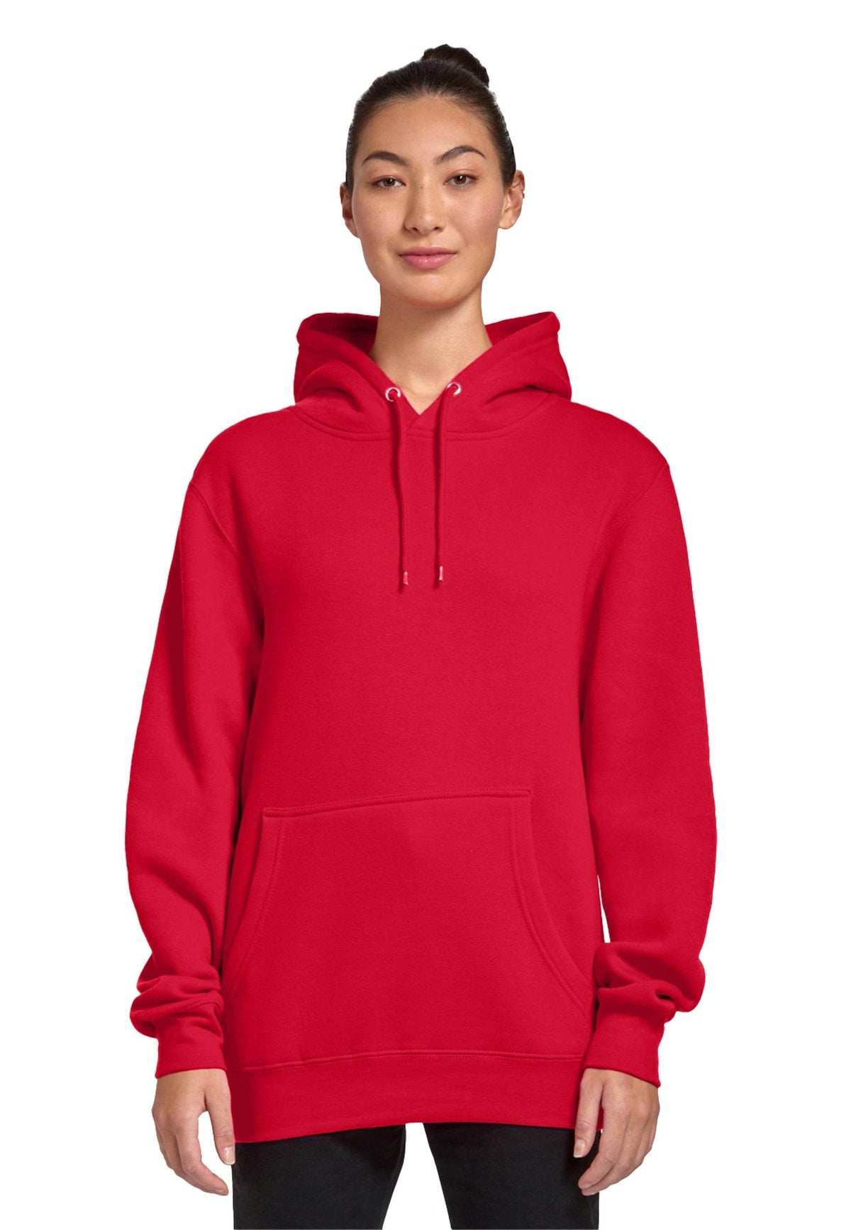 Unisex Cardinal red premium hoodie by Lane 7 with a plain or customizable print view, showcasing the front of the hoodie.