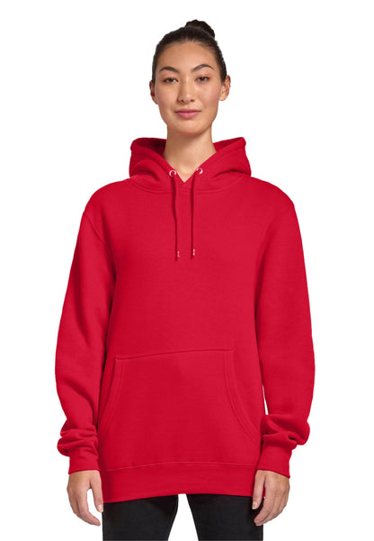 Unisex Cardinal red premium hoodie by Lane 7 with a plain or customizable print view, showcasing the front of the hoodie.