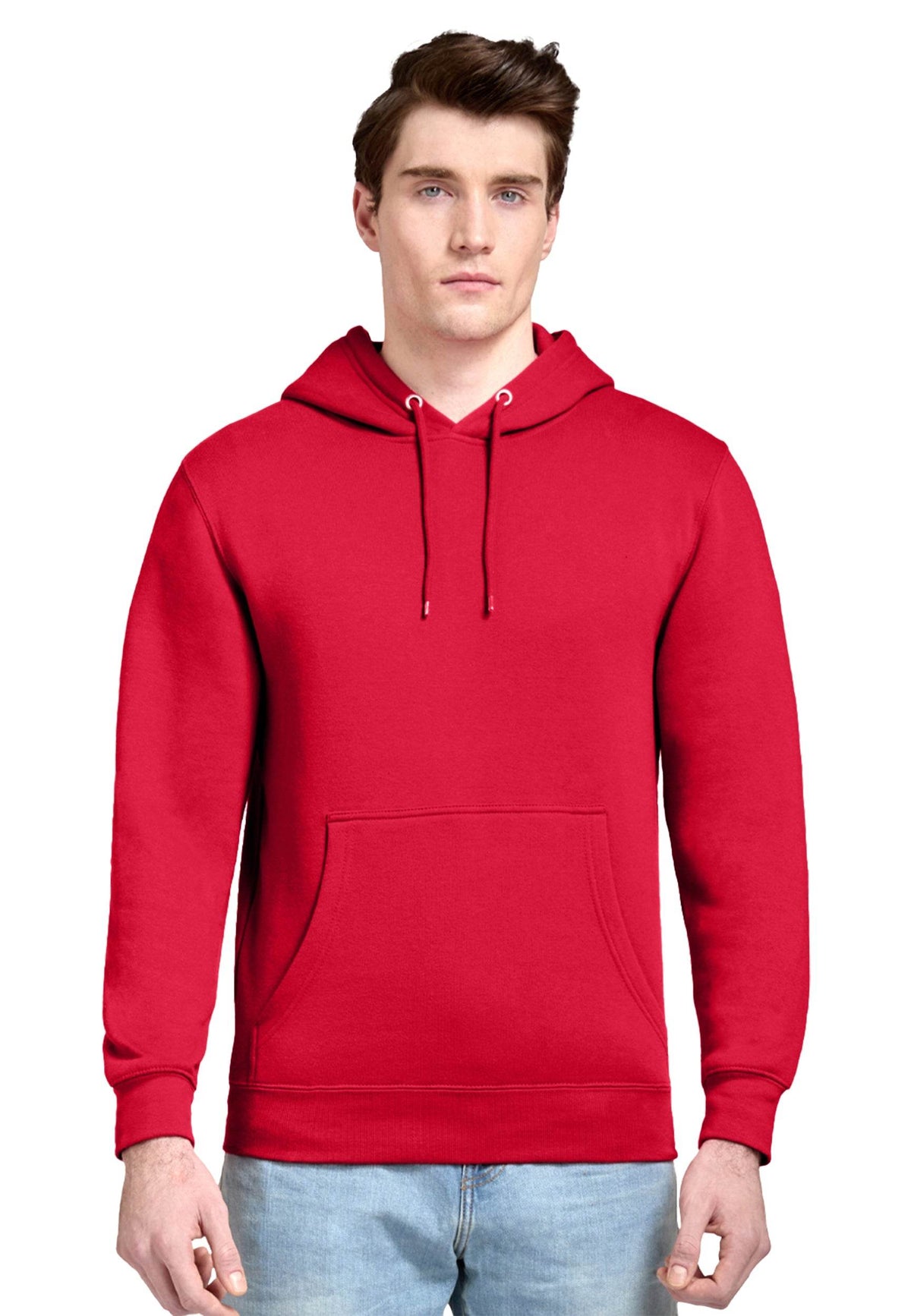 Unisex plain red Lane 7 hoodie with printed front view, showcasing a cozy pullover design in cardinal color.