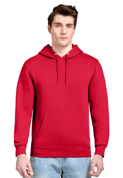Unisex plain red Lane 7 hoodie with printed front view, showcasing a cozy pullover design in cardinal color.